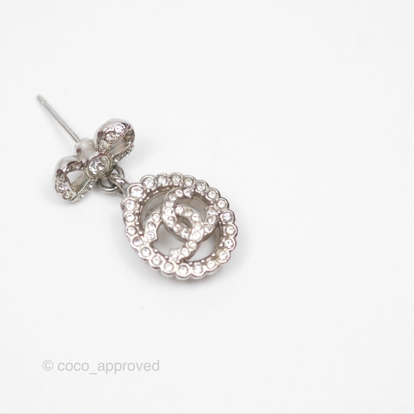 Chanel Crystal CC Bow Knot Drop Earrings Silver Tone 22B