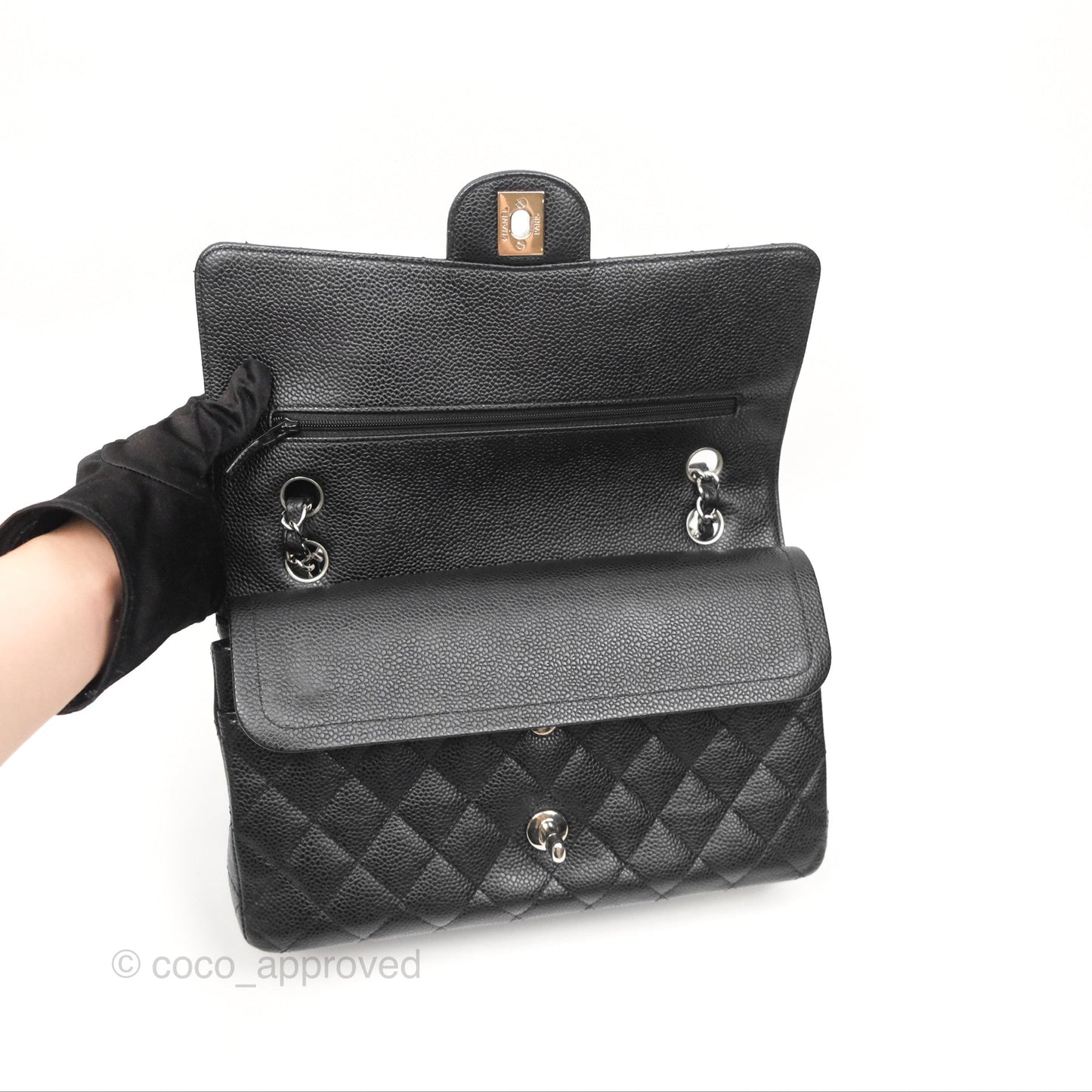 Chanel Classic M/L Medium Flap Quilted Black Caviar Silver Hardware