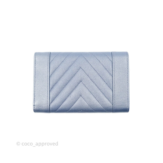 Chanel Chevron Mademoiselle Wallet Iridescent Blue Caviar Silver Hardware