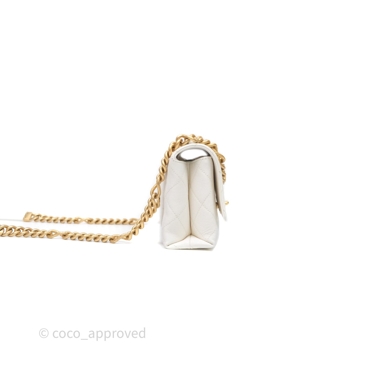 Chanel Bracelet On Chain Small Flap Bag White Caviar Aged Gold Hardware