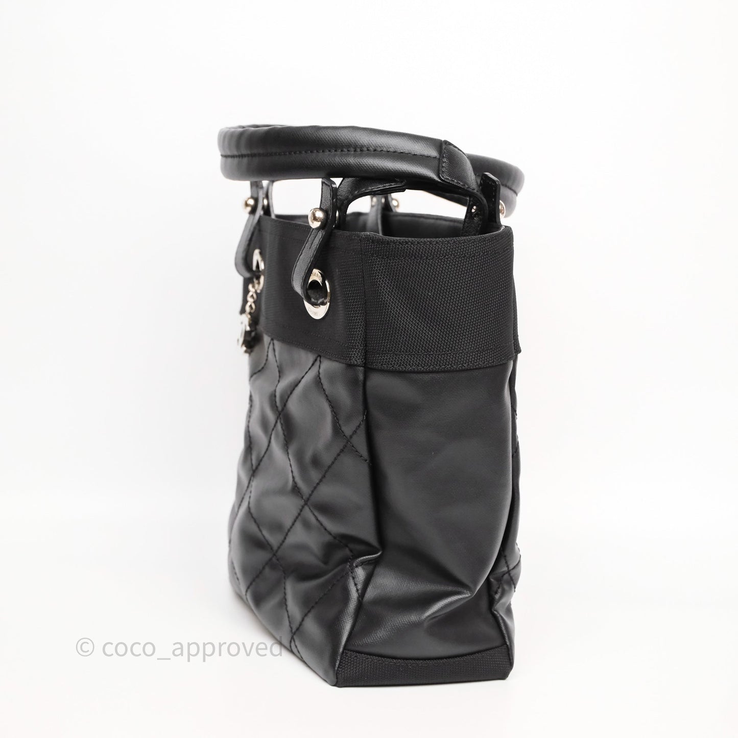 Chanel Quilted Paris Biarritz Tote PM Black Coated Canvas