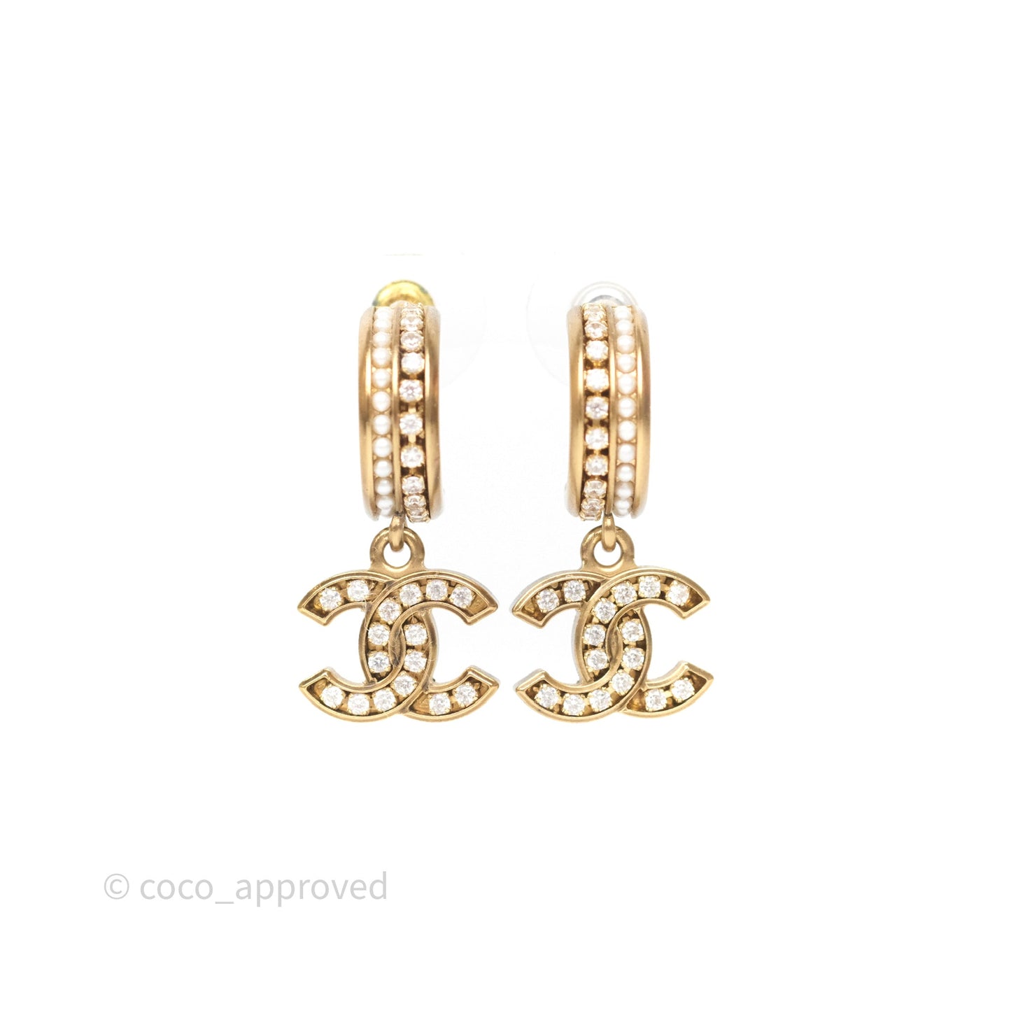 Chanel CC Crystal Pearl Hoop Earrings Gold Tone 21C