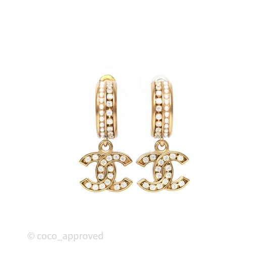 Chanel CC Crystal Pearl Hoop Earrings Gold Tone 21C