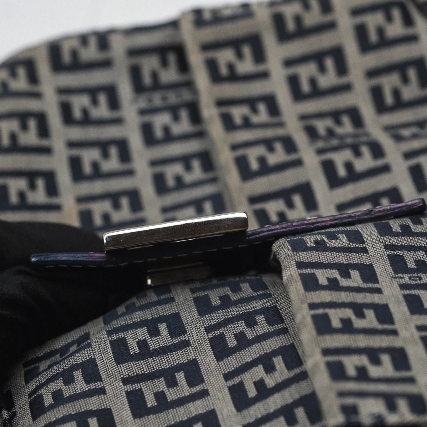 Fendi Vintage Baguette Shoulder Bag Grey/ Navy Canvas