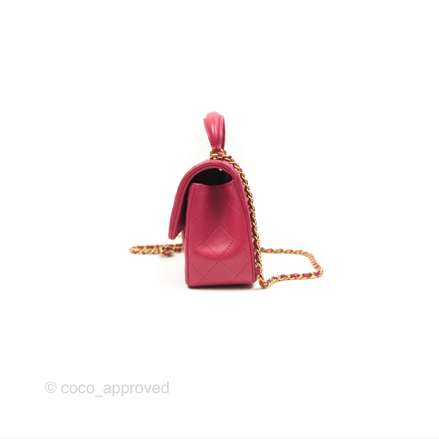 Chanel Top Handle Mini Rectangular Flap Bag Berry Red Lambskin Aged Gold Hardware
