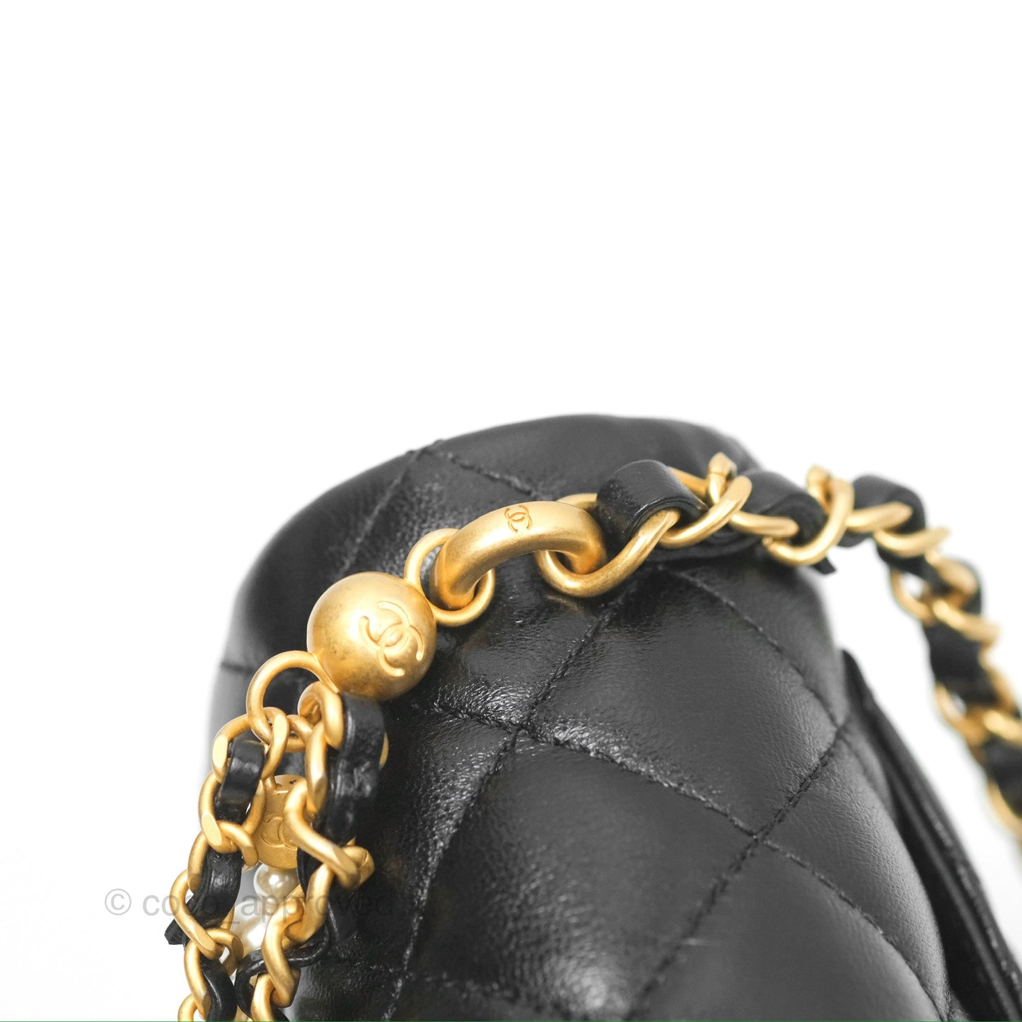 Chanel Mini Flap Bag with Pearl Chain Black Shiny Lambskin Aged Gold Hardware 24P