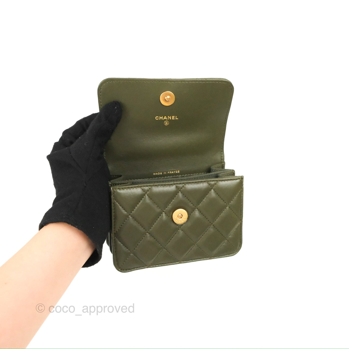 Chanel Top Handle Clutch With Chain Army Green Lambskin Aged Gold Hardware