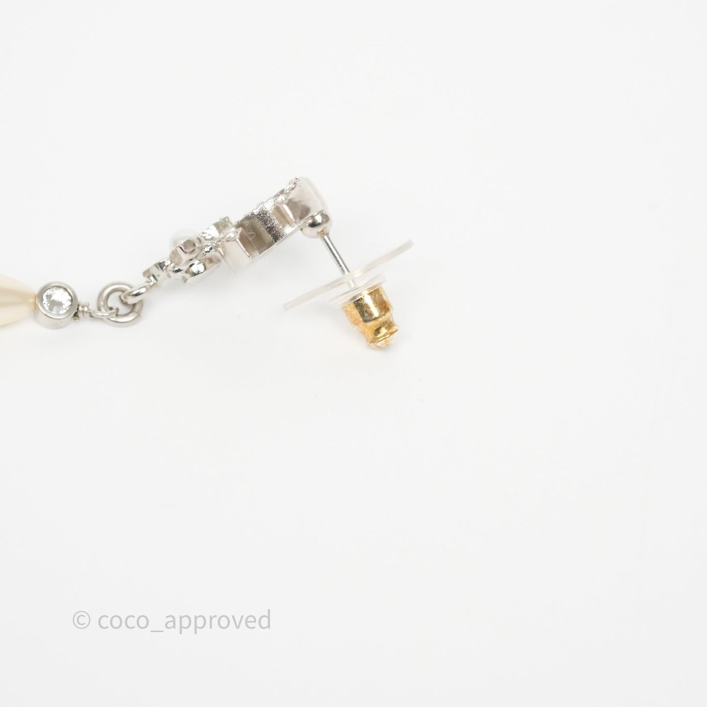 Chanel Crystals CC Tear Pearl Drop Earrings Silver Tone 22P