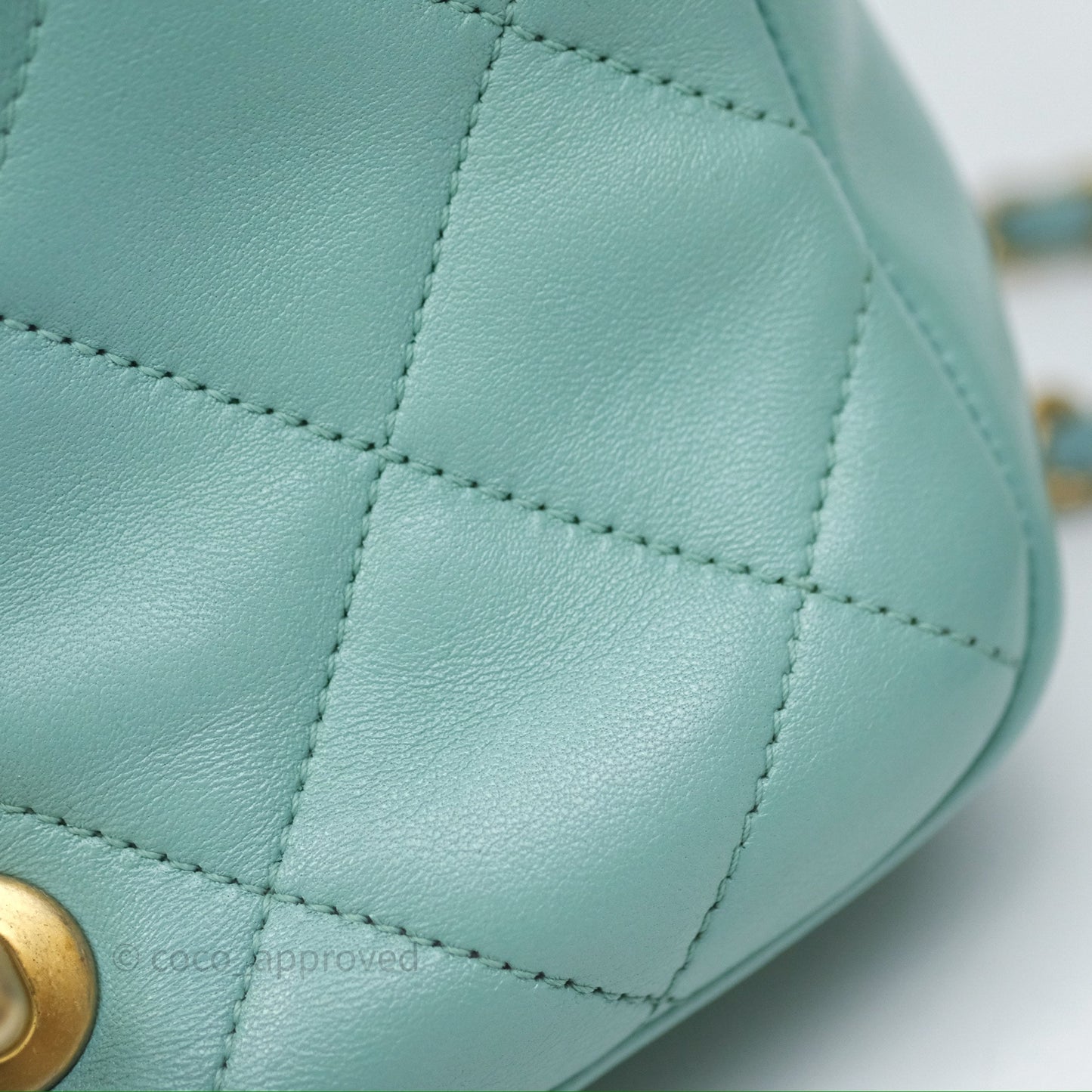 Chanel Quilted Small Circular Handle Bag Mint Green Aged Gold Hardware