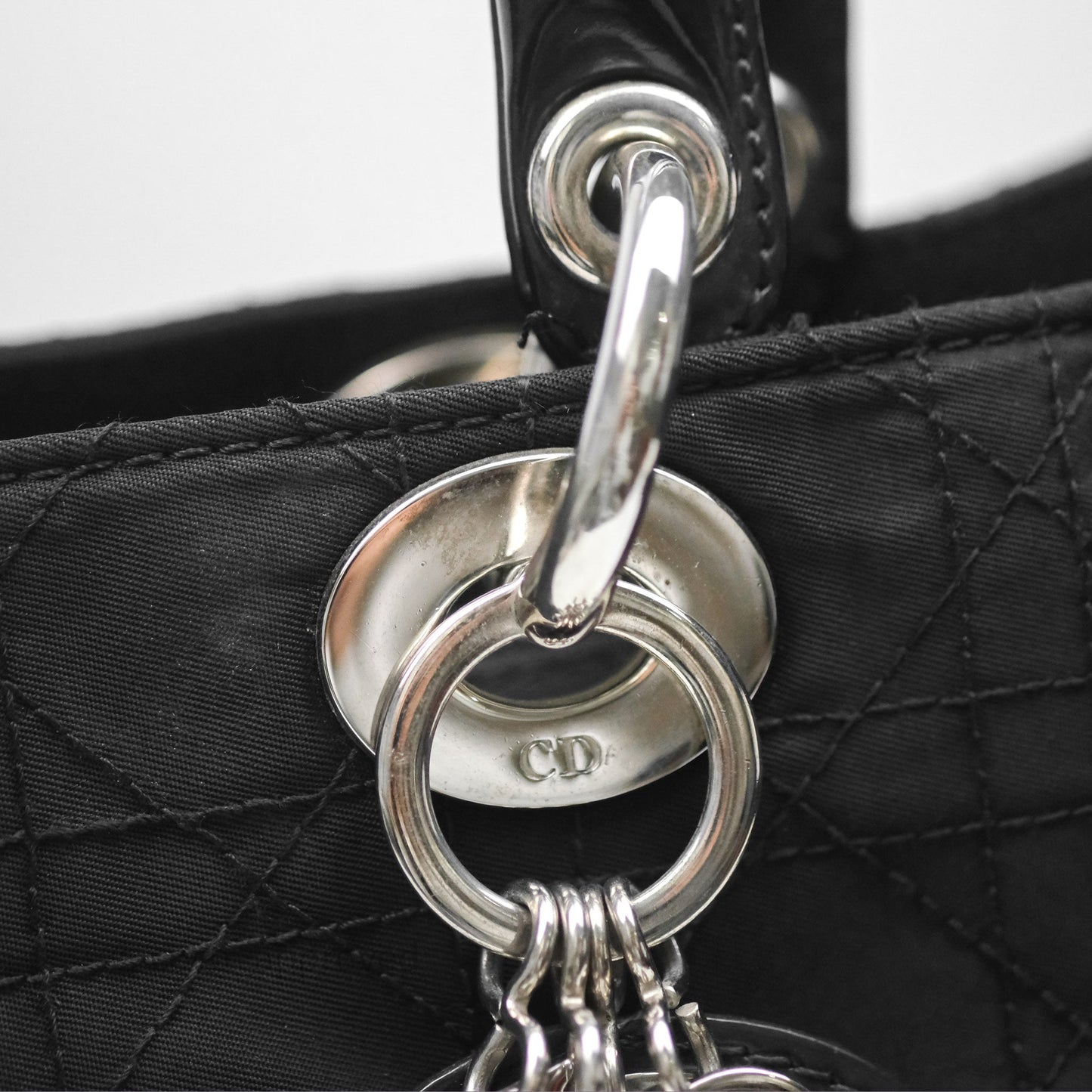 Christian Dior Vintage Large Lady Dior Cannage Fabric Black Silver Hardware