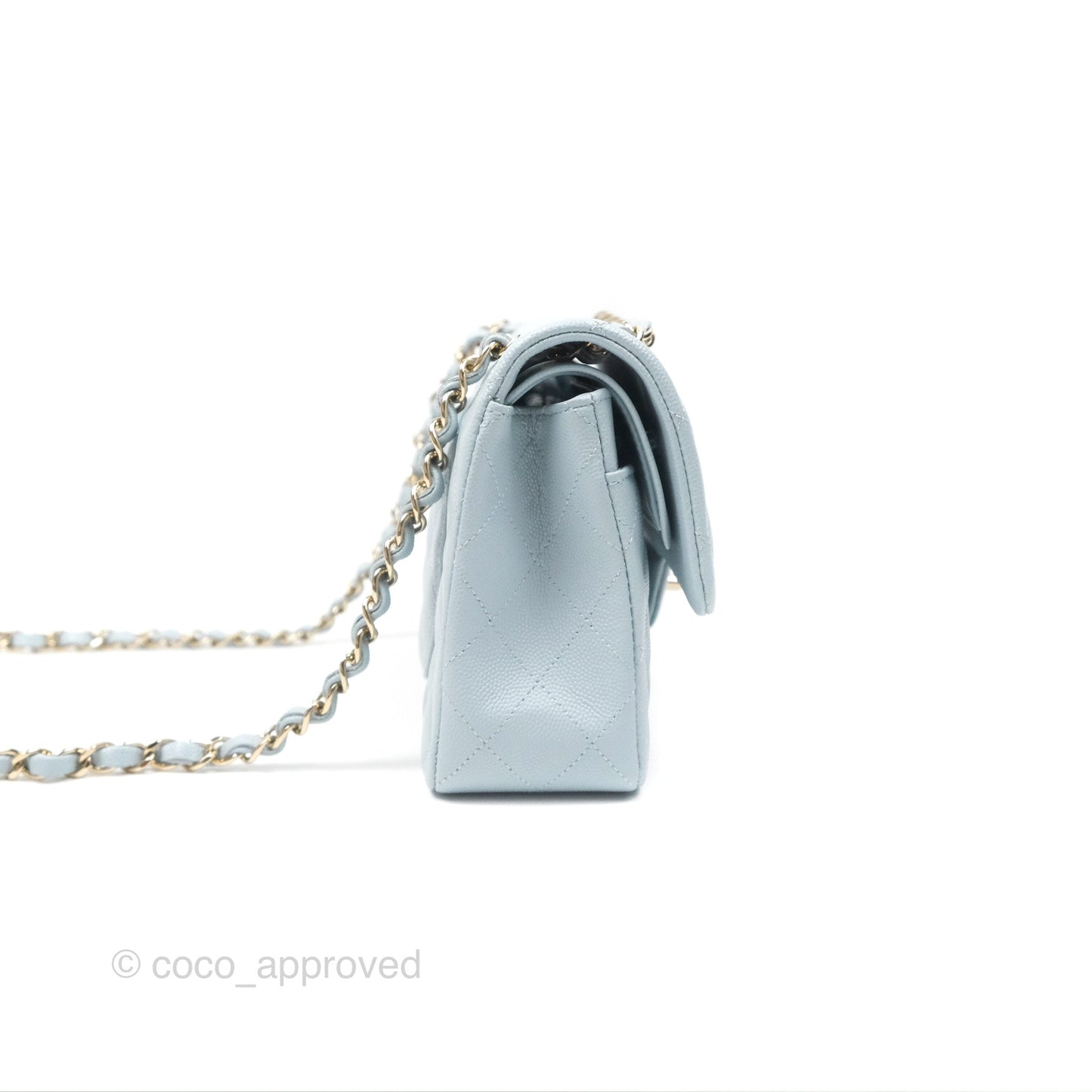 Chanel Small Classic Quilted Flap Light Blue Caviar Gold Hardware