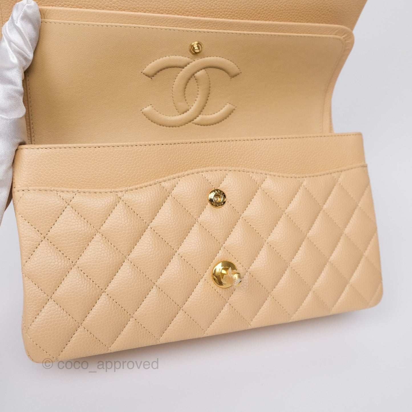 Chanel Classic M/L Medium Flap Quilted Beige Caviar Gold Hardware