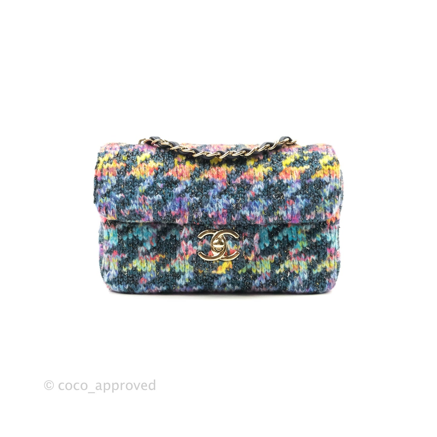 Chanel Mini Rectangular Rainbow Houndstooth Wool Tweed Flap Gold Hardware