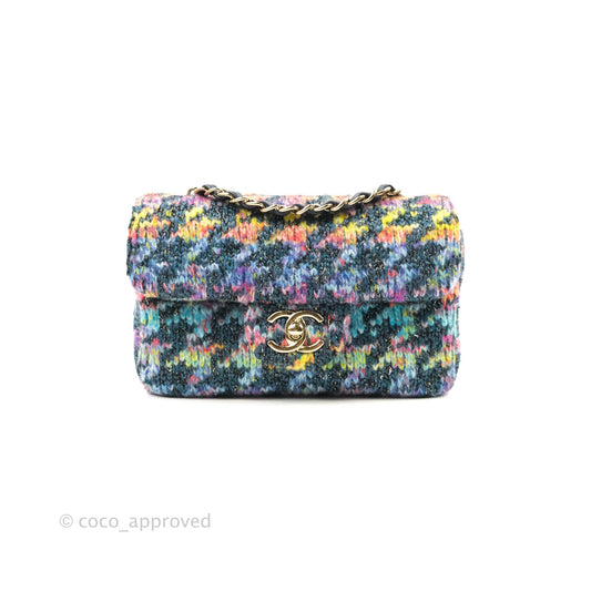 Chanel Mini Rectangular Rainbow Houndstooth Wool Tweed Flap Gold Hardware