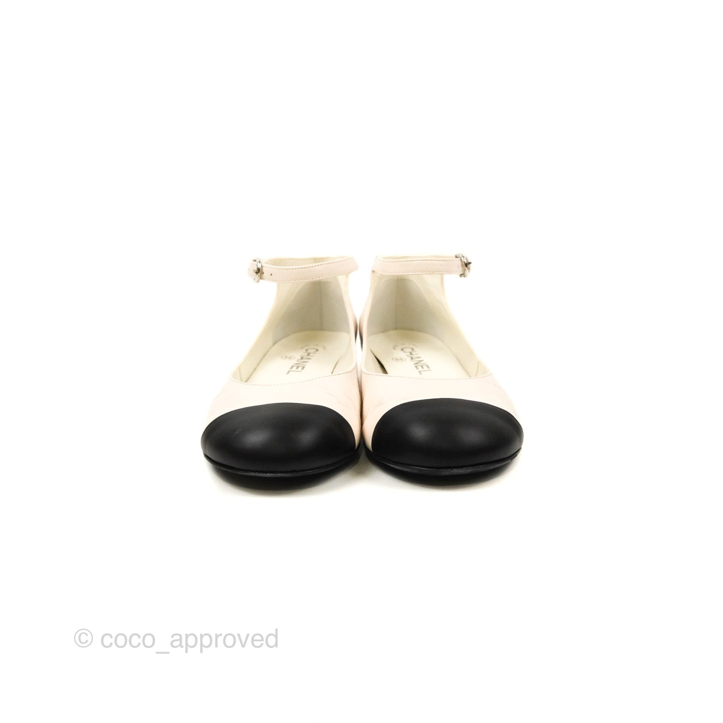 Chanel Mary Janes White Black Lambskin Shoes Size 37.5