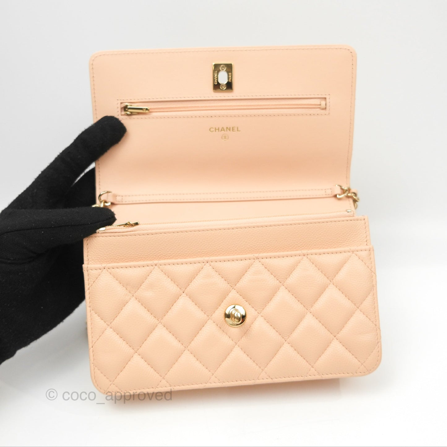 Chanel Quilted Bow Wallet On Chain WOC Light Beige Caviar Gold Hardware