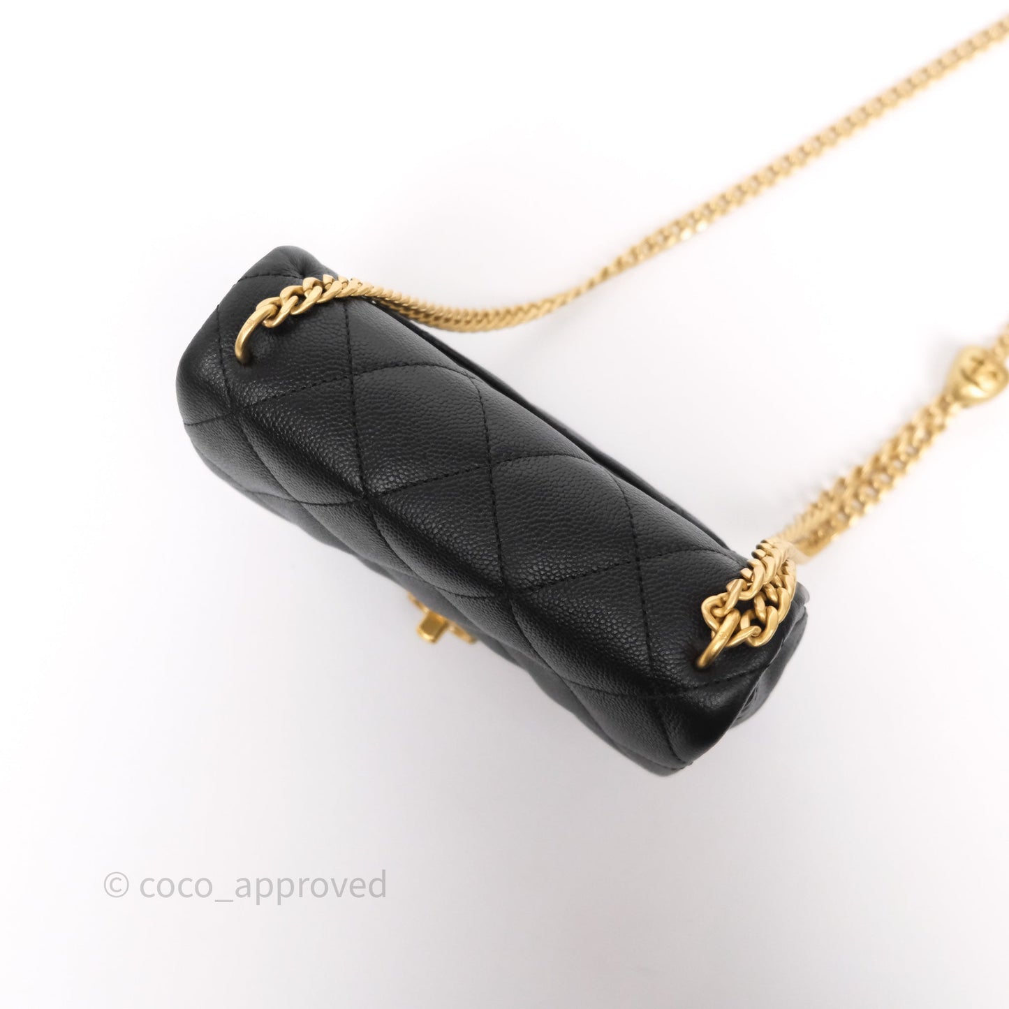 Chanel Mini Flap Bag Heart Adjustable Chain Black Caviar Aged Gold Hardware