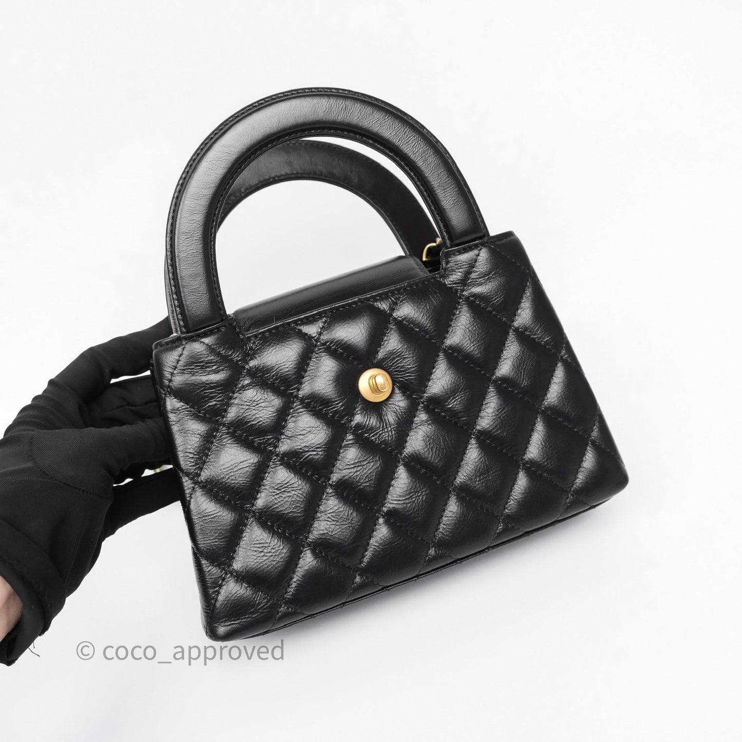 Chanel Kelly Bag Quilted Black Shiny Crumpled Calfskin Aged Gold Hardware