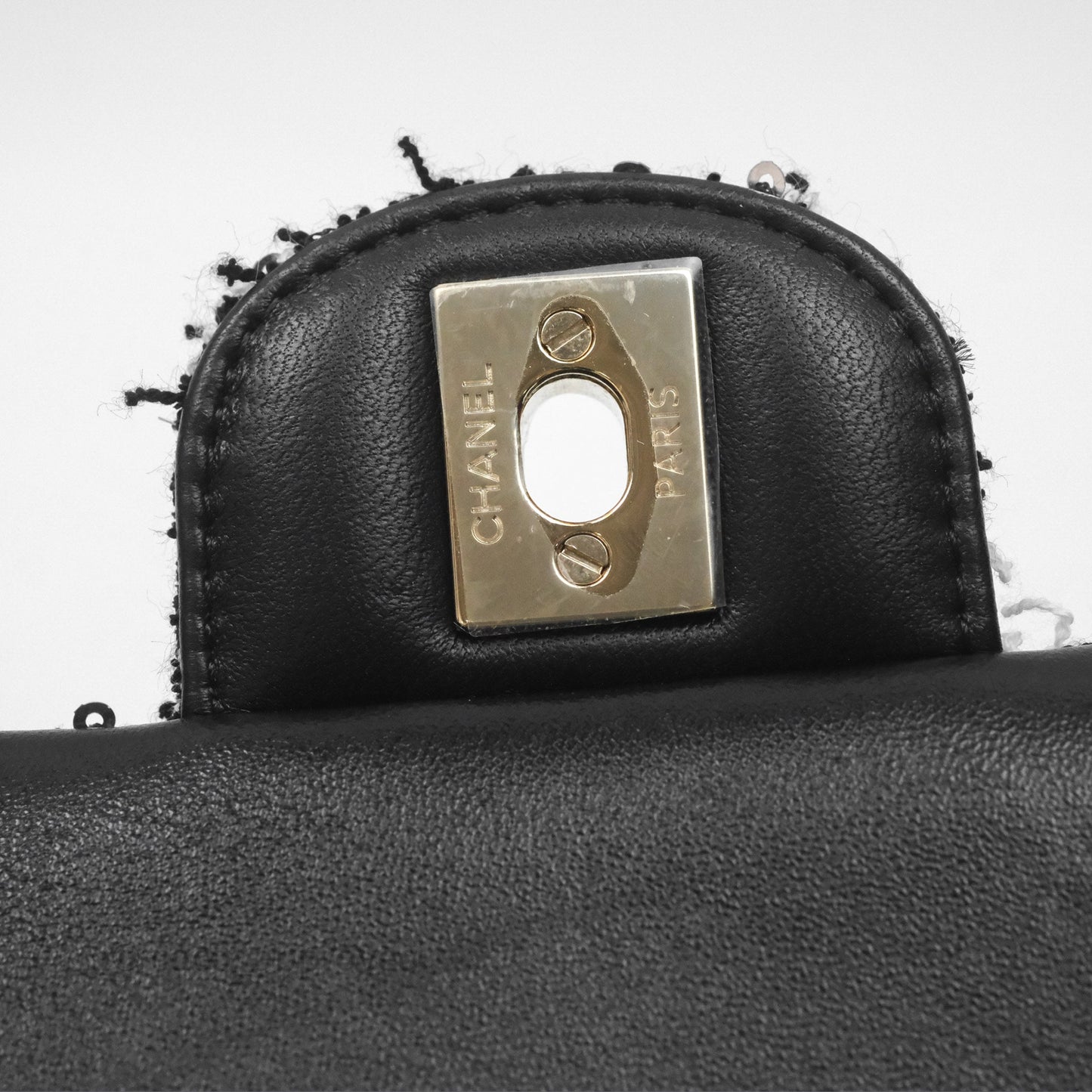 Chanel Top Handle Mini Rectangular Flap Black/ White Sequin Tweed Gold Hardware 24P