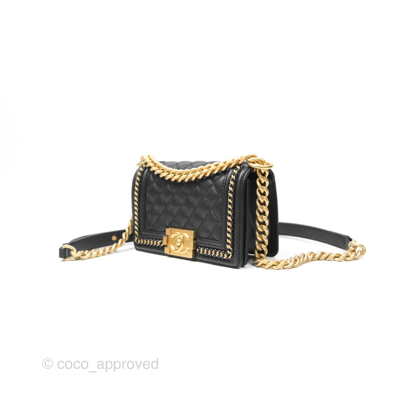 Chanel Small Chain Around Boy Quilted Black Caviar Aged Gold Hardware