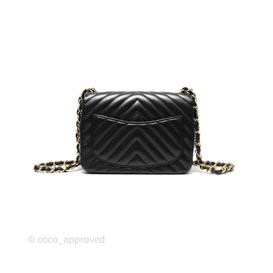 Chanel Mini Square Flap Chevron Black Lambskin Aged Gold Hardware