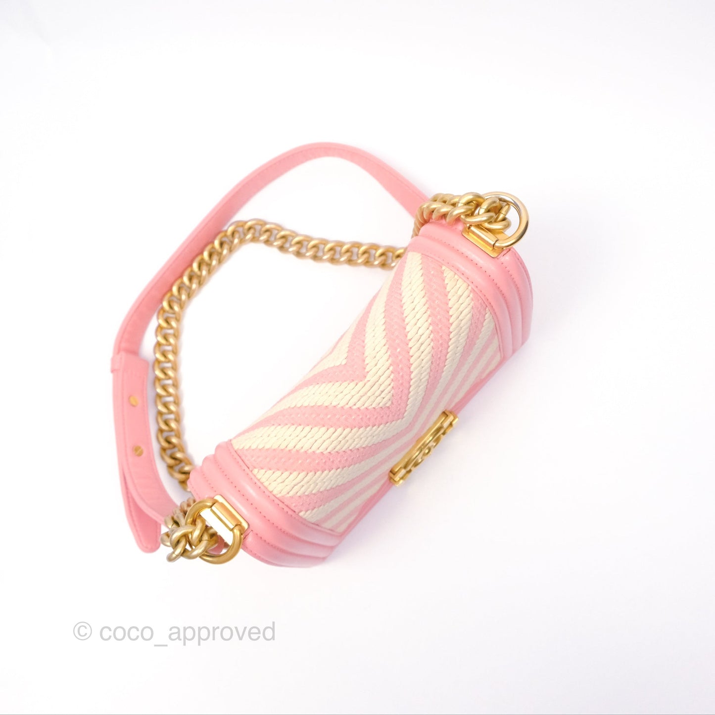 Chanel Small Boy Chevron Fabric Braided Pink Aged Gold Hardware