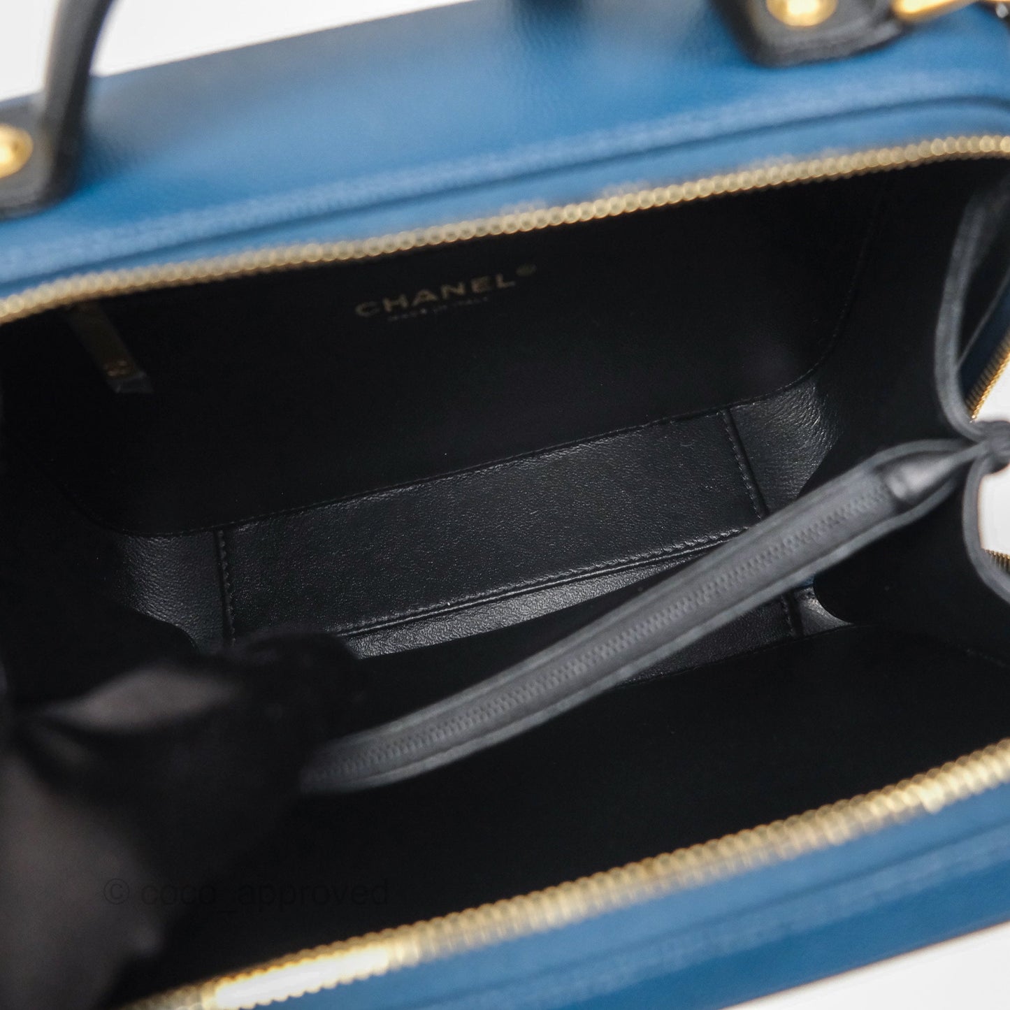 Chanel Quilted Medium CC Filigree Vanity Case Navy Black Caviar Aged Gold Hardware
