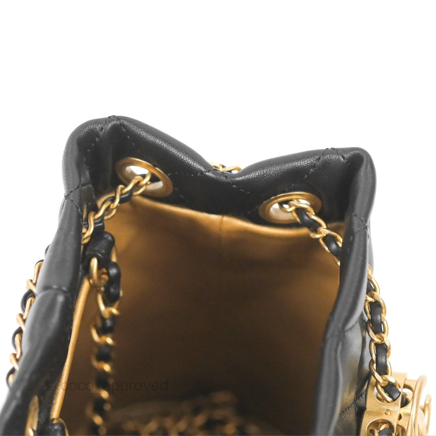 Chanel Pearl Crush Bucket Bag Black Lambskin Aged Gold Hardware