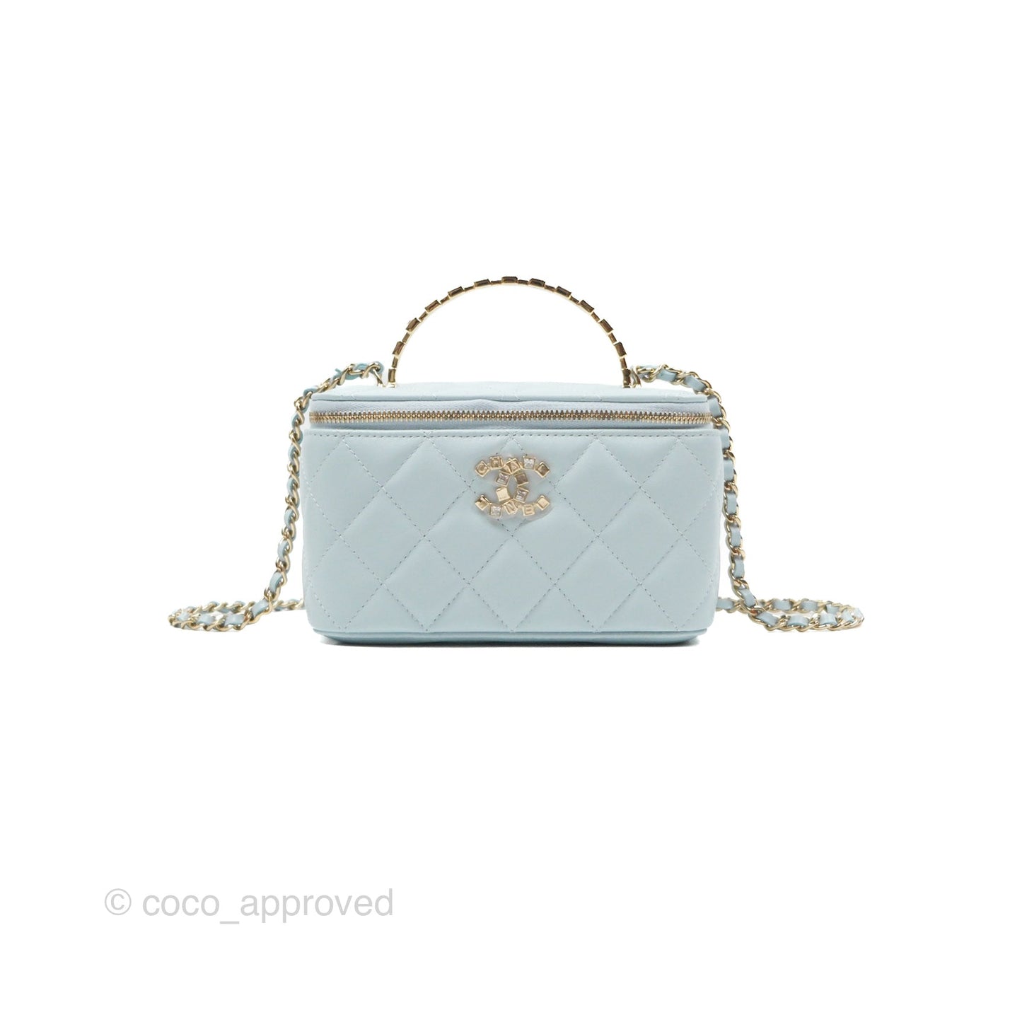 Chanel Vanity Rectangular Logo Crystal Top Handle Light Blue Lambskin Gold Hardware