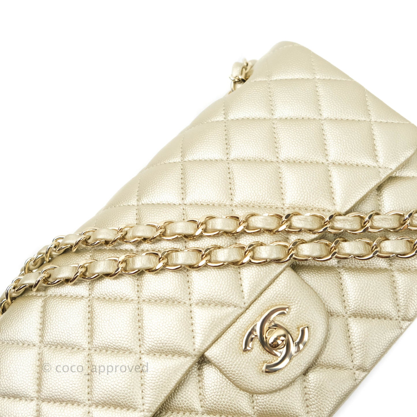 Chanel Classic M/L Medium Double Flap Bag Light Gold Caviar Gold Hardware