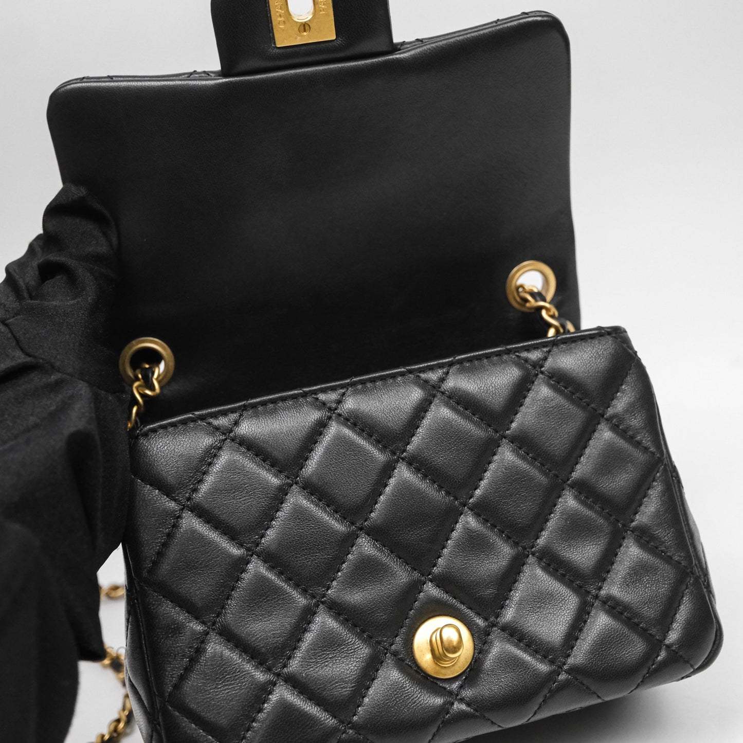 Chanel Pearl Crush Mini Square Quilted Black Lambskin Aged Gold Hardware