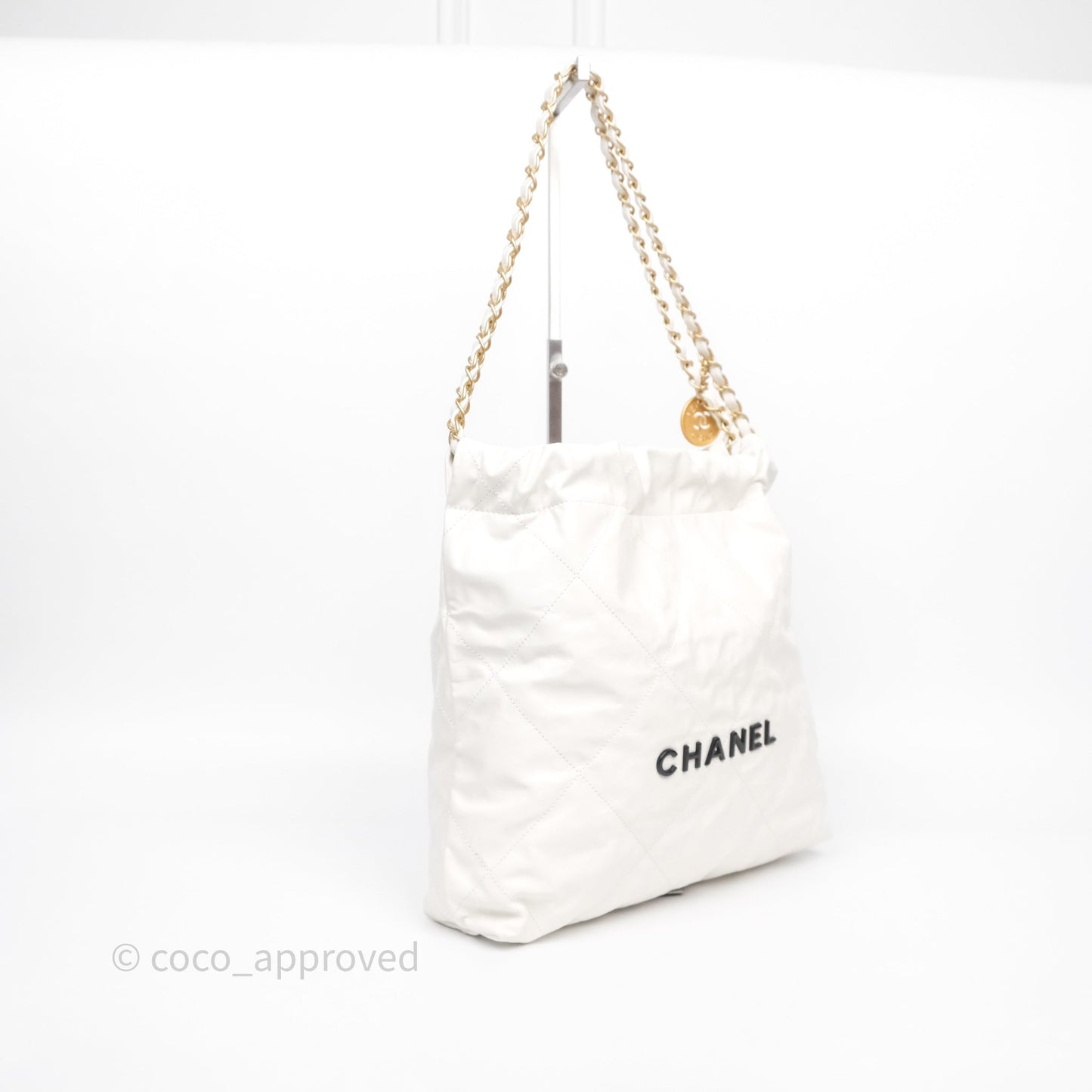 Chanel 22 Small White Shiny Crumpled Calfskin Aged Gold Hardware