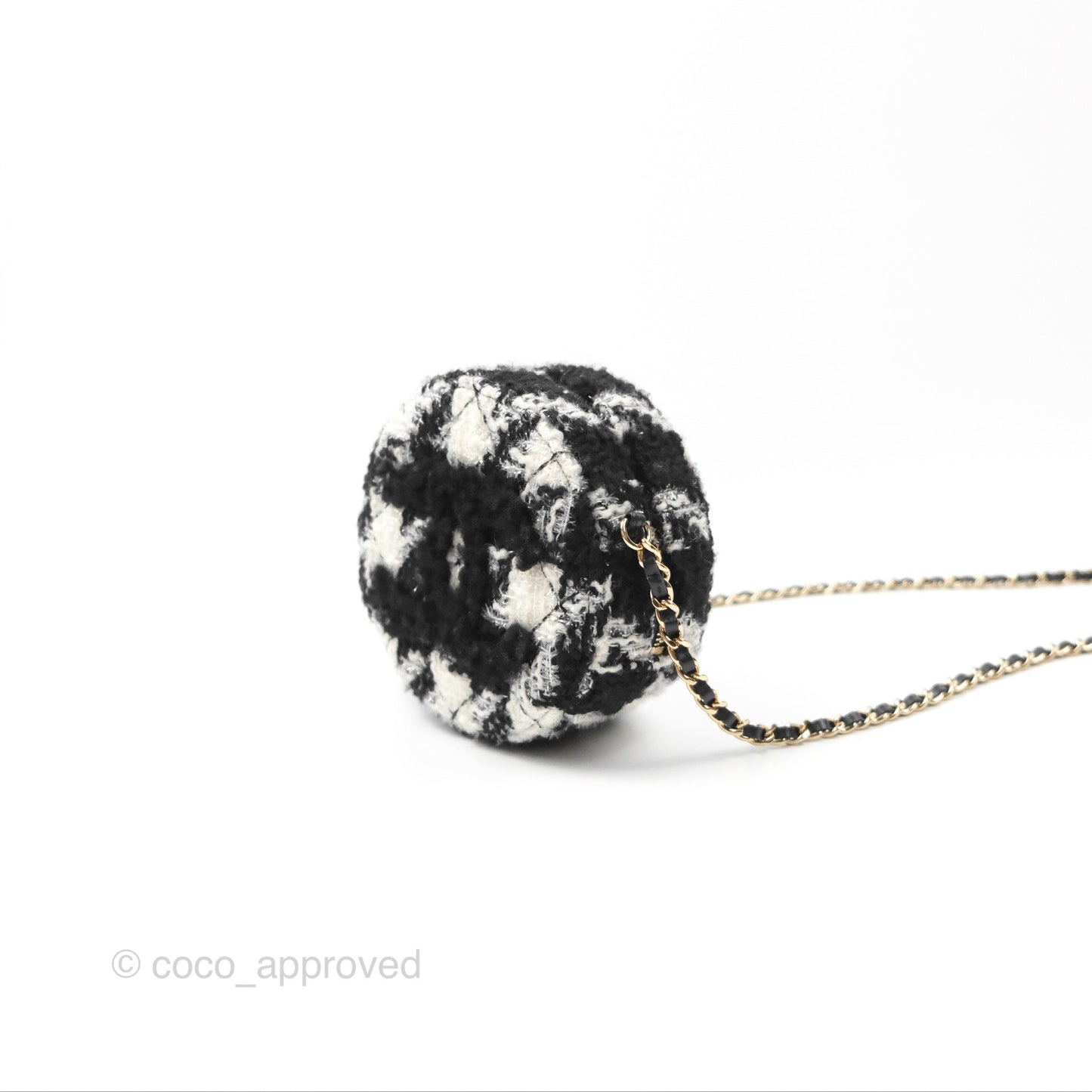 Chanel Shearling CC Round Clutch with Chain & Coin Purse Black & White Houndstooth Tweed