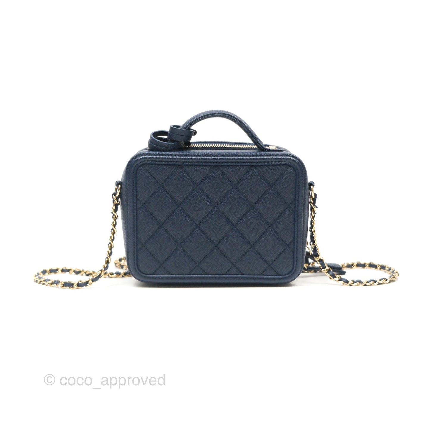 Chanel Quilted Small CC Filigree Vanity Case Navy Caviar Gold Hardware