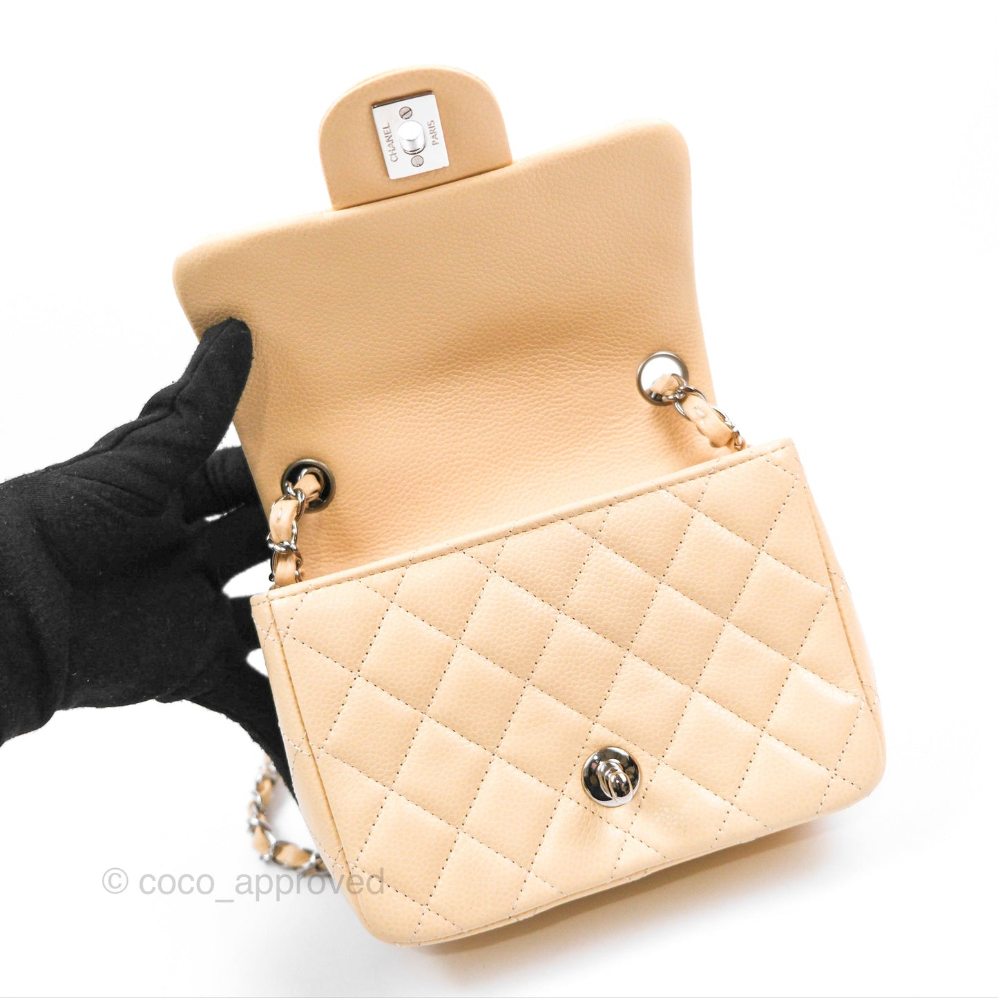 Chanel Quilted Mini Square Flap Light Beige Caviar Silver Hardware