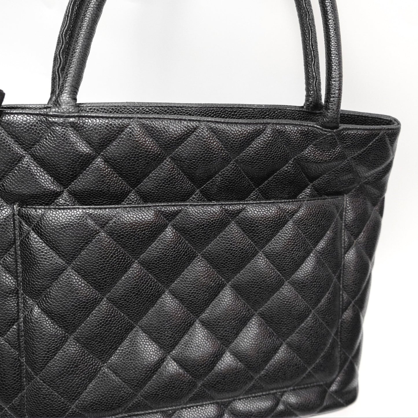 Chanel Vintage Medallion CC Black Caviar Tote Bag Gold Hardware