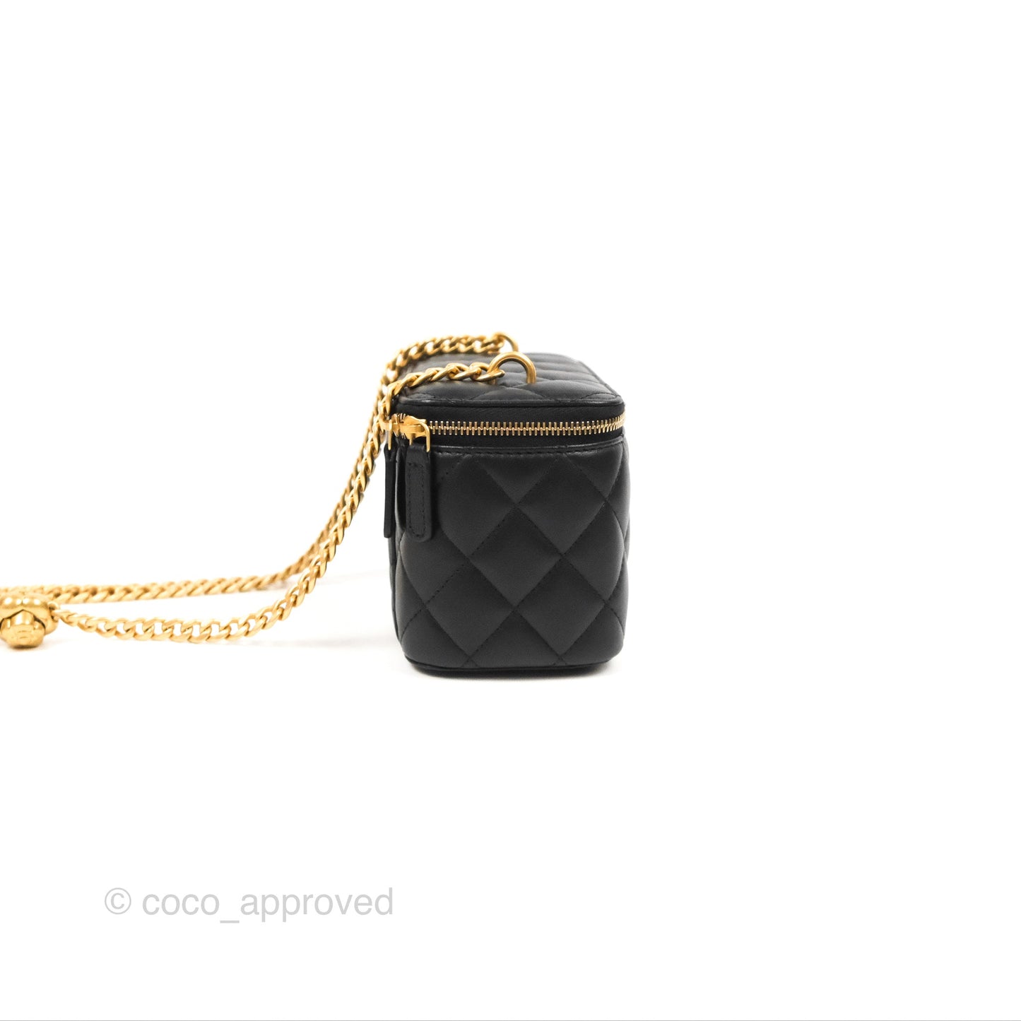 Chanel Quilted Vanity Rectangular with Camellia Adjustable Chain Black Lambskin 23S