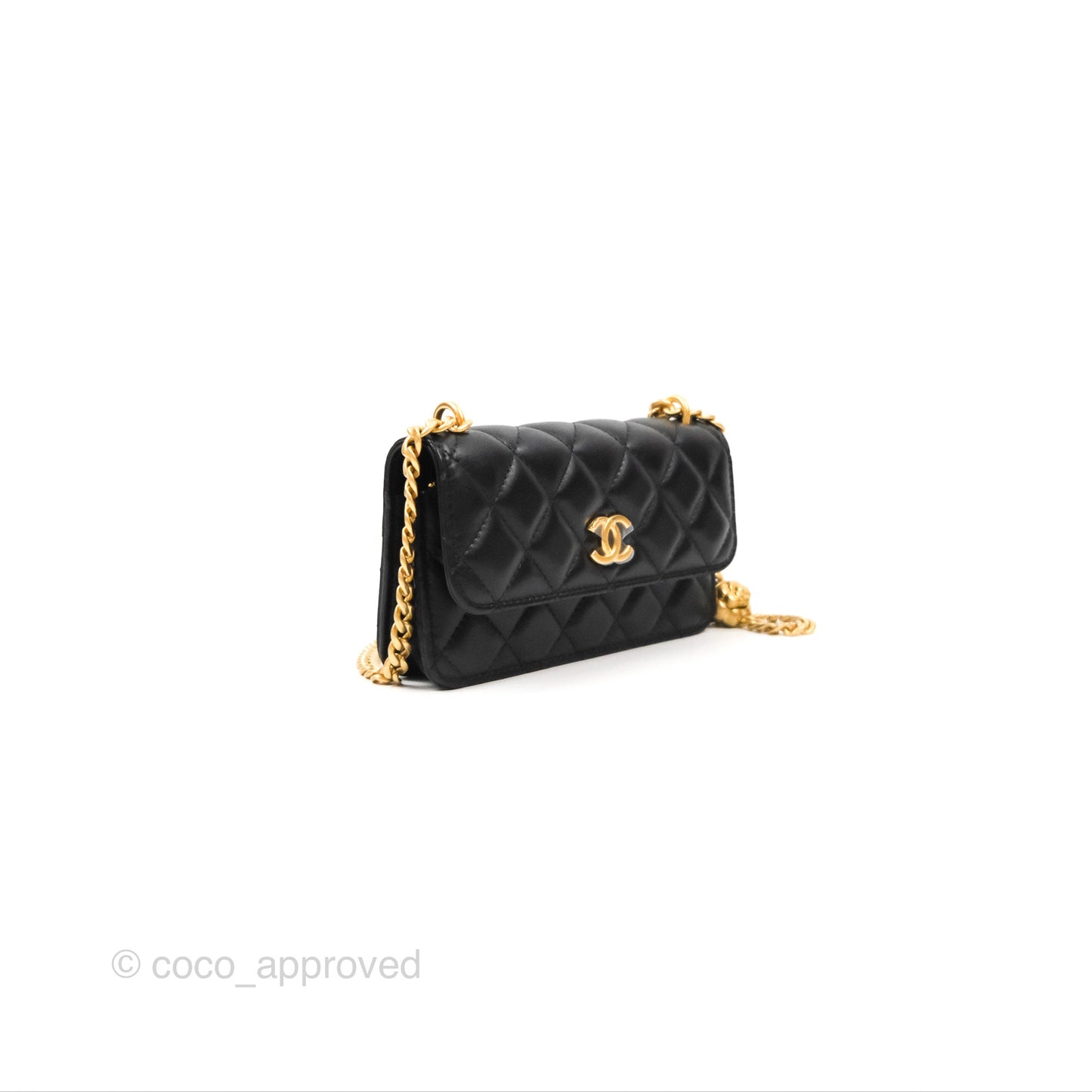 Chanel Mini WOC Phone Holder with Camellia Adjustable Chain Black Lambskin