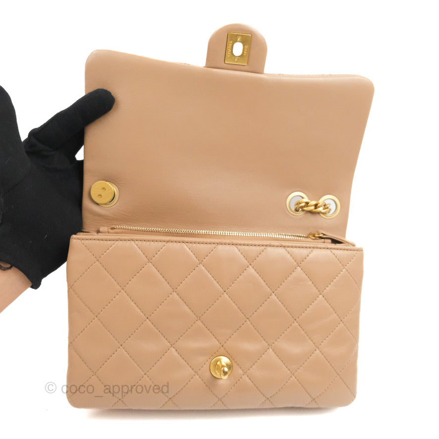 Chanel Flap Bag with Adjustable Strap Beige Lambskin Aged Gold Hardware 22K