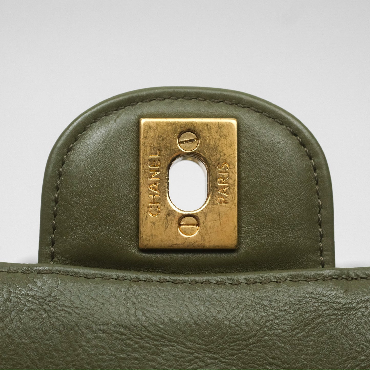 Chanel Mini Square Flap Chevron Olive Green Calfskin Gold Hardware