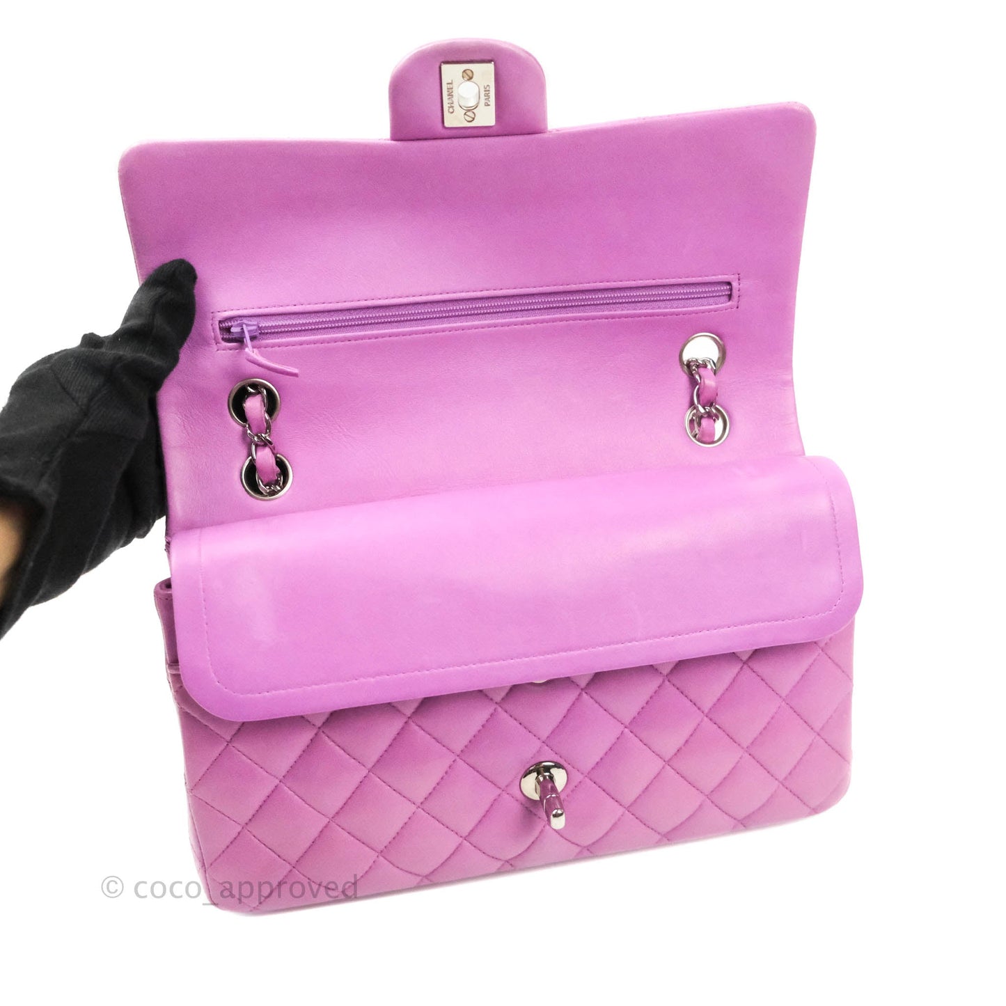 Chanel Classic M/L Medium Double Flap Purple Lambskin Silver Hardware