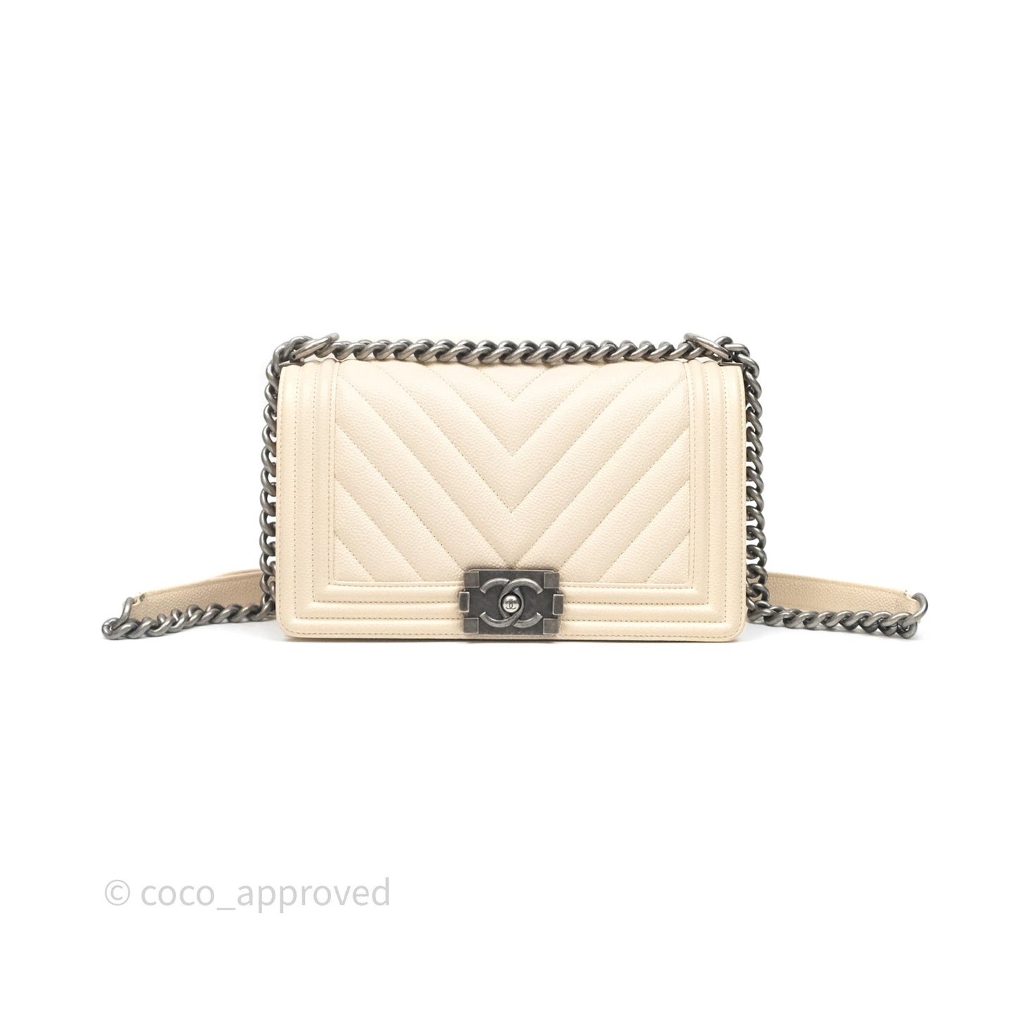 Chanel Medium Boy Chevron Beige Caviar Ruthenium Hardware