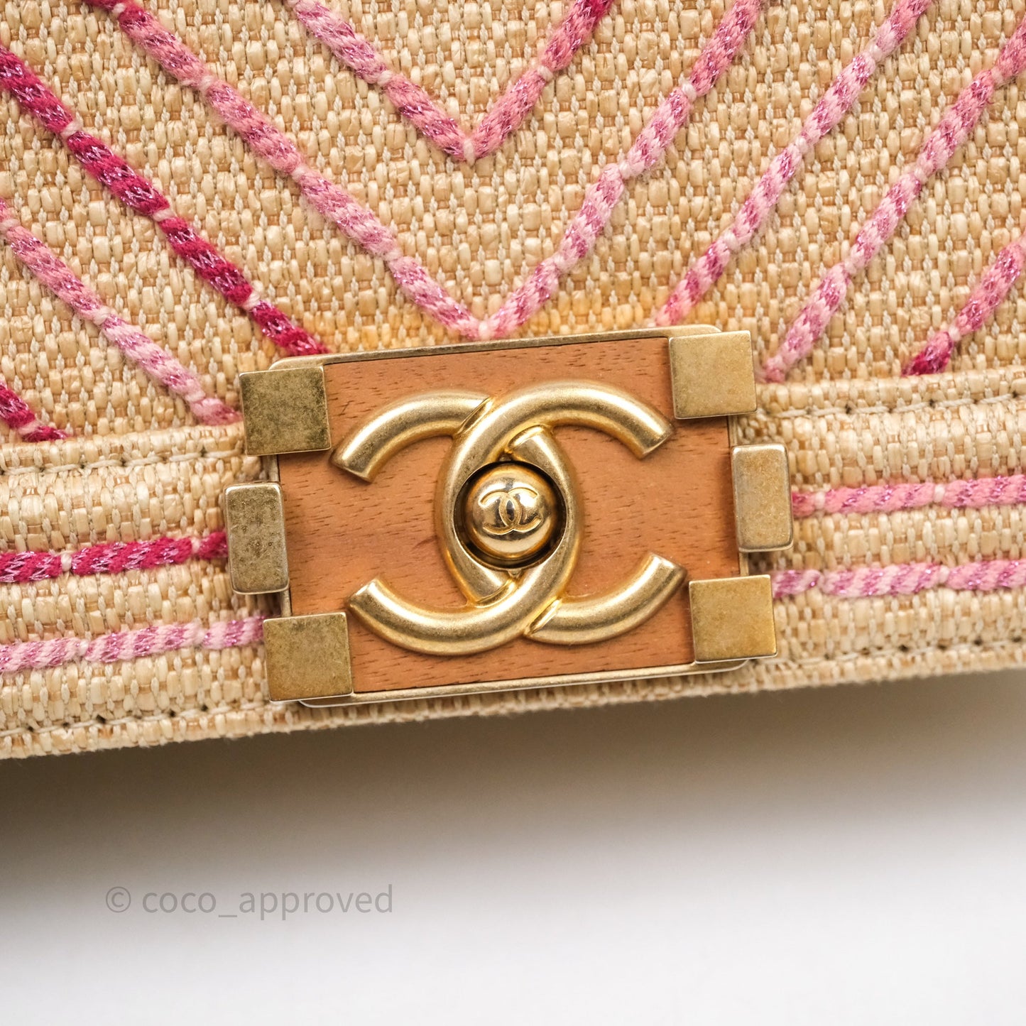 Chanel Small Boy Chevron Raffia Metallic Pink Aged Gold Hardware