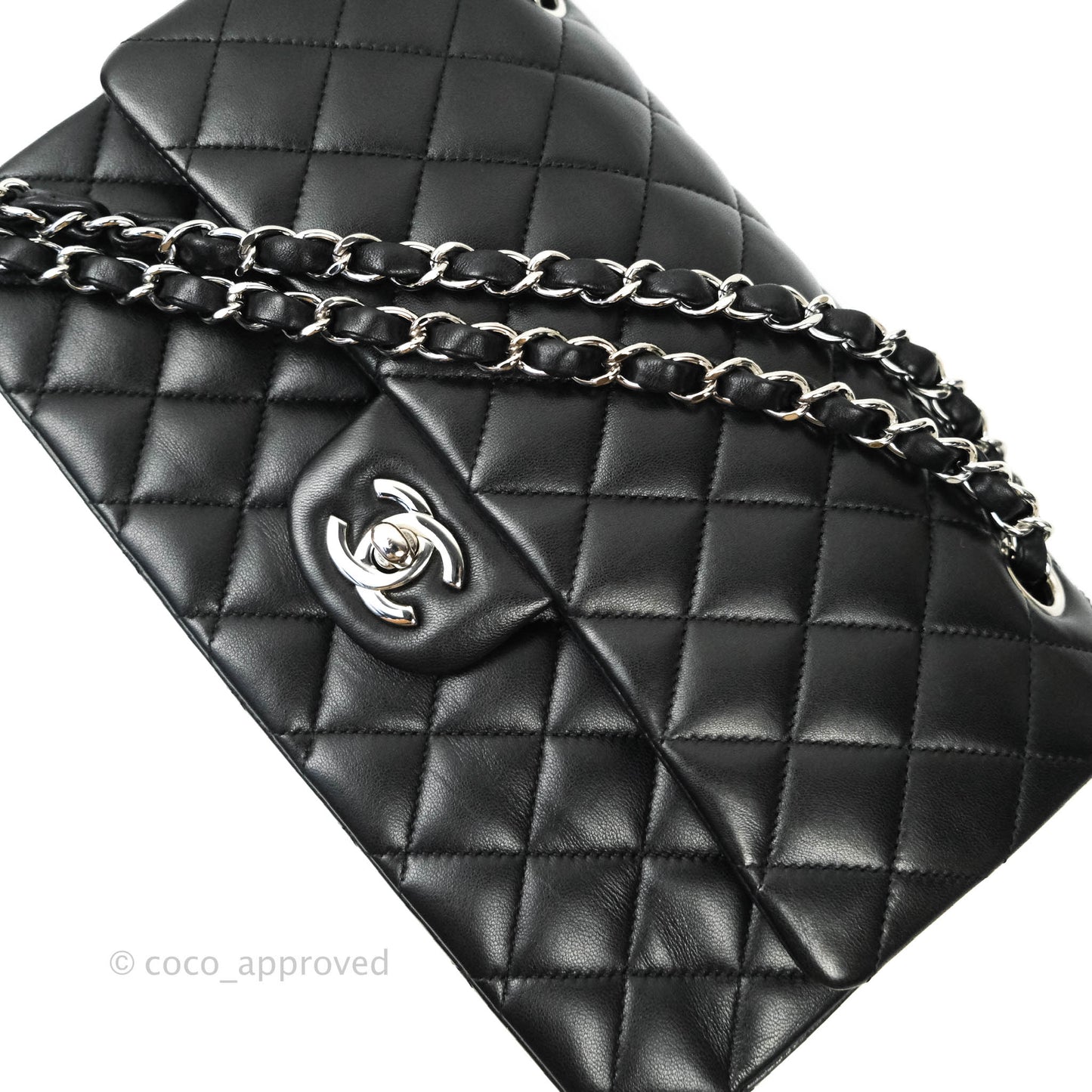 Chanel Classic M/L Medium Double Flap Black Lambskin Silver Hardware