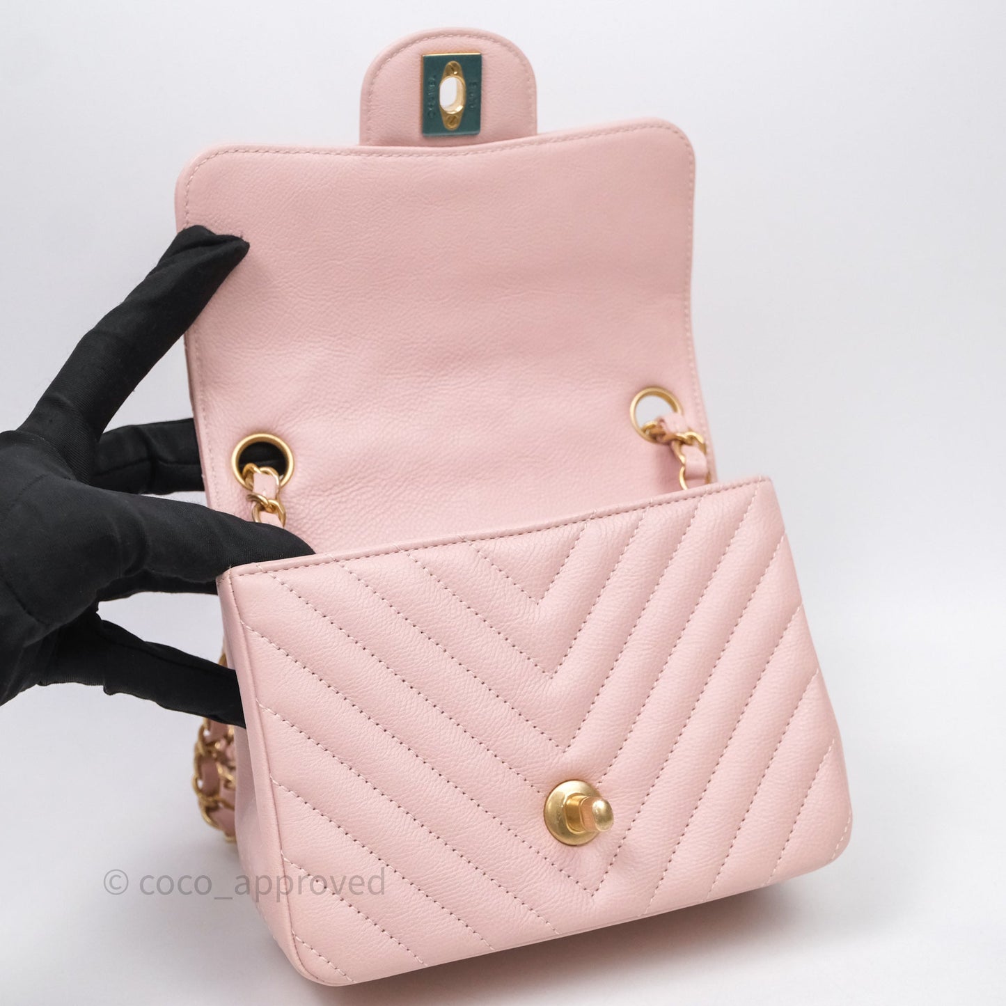 Chanel Mini Square Chevron Pink Calfskin Aged Gold Hardware
