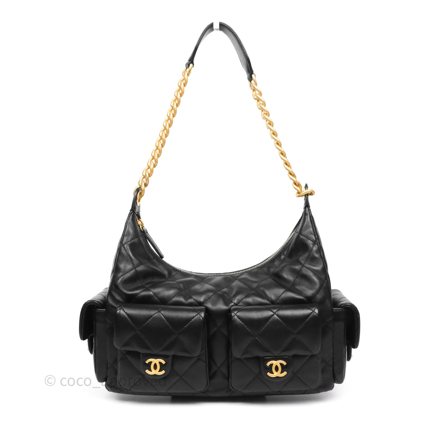 Chanel Quilted Large Trendy Double Pocket Hobo Black Lambskin Gold Hardware