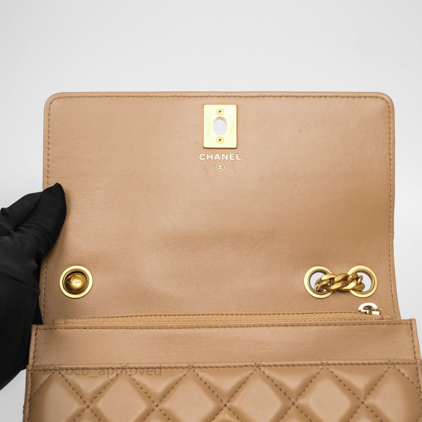 Chanel All Slide Wallet on Chain WOC Adjustable Chain Quilted Beige Lambskin
