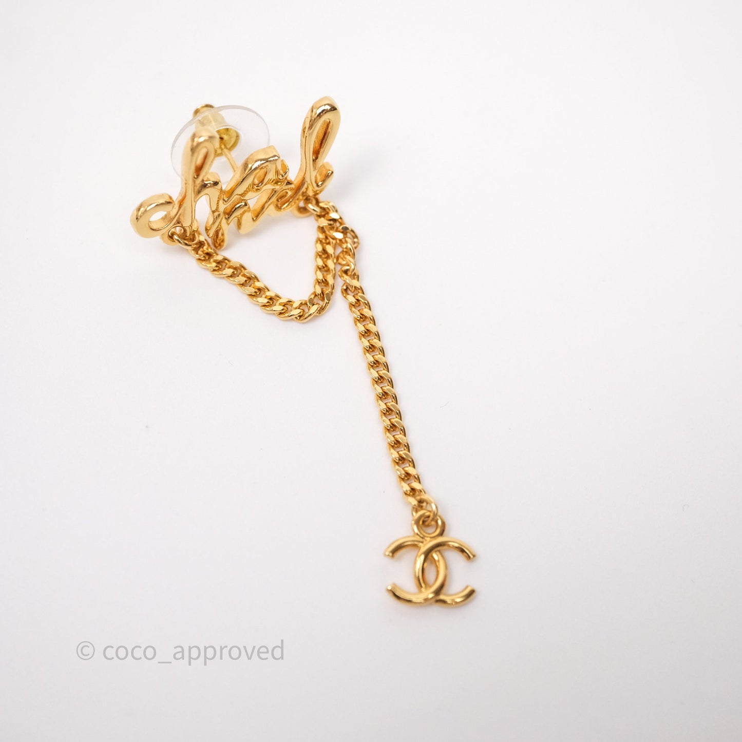 Chanel Metal Logo Drop Chain Earrings Gold Tone 24C