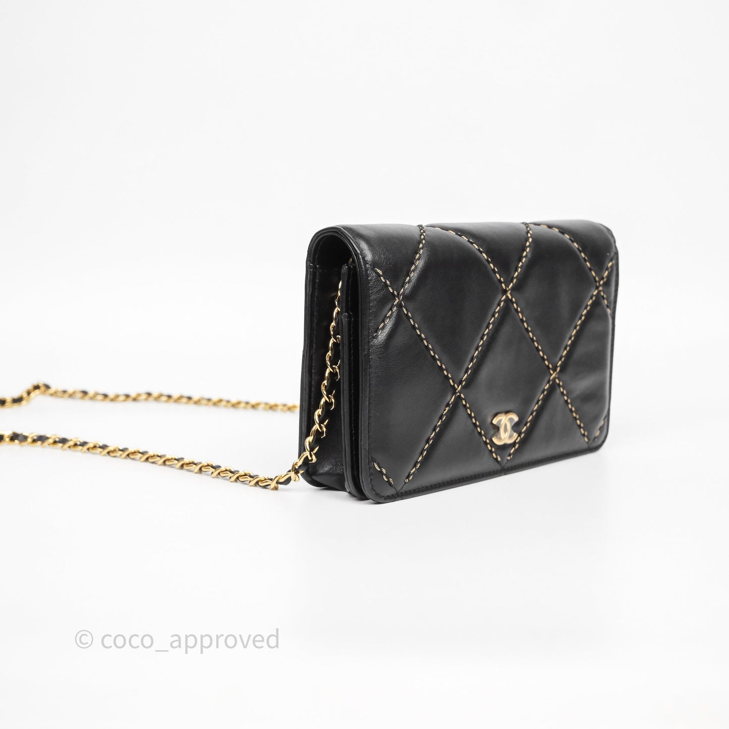 Chanel Quilted Wallet on Chain WOC Stitching Black Calfskin Gold Hardware