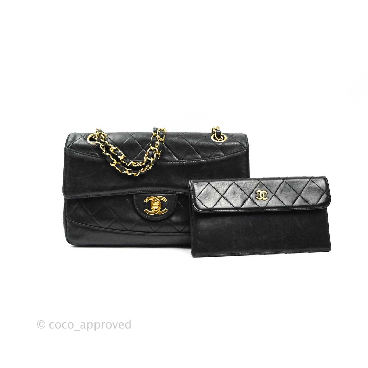 Chanel Vintage Flap Bag with Purse Pouch Black Lambskin 24K Gold Hardware